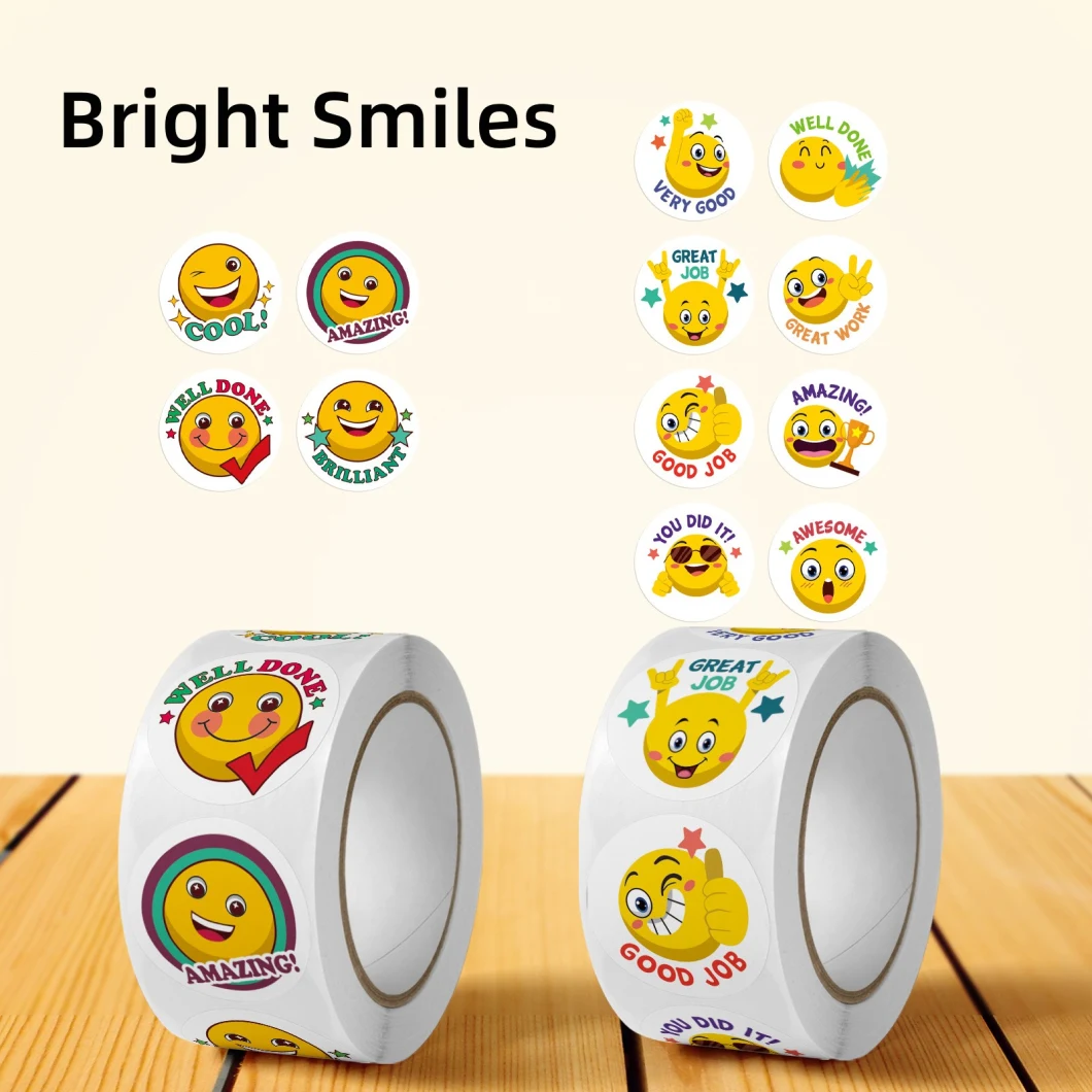 Self-Adhesive Paper Sticker Roll Reward Stickers for Teachers Motivational Incentive Stickers for Kids, 500PCS Roll 1 Inch Round Stickers 8 Smile Designs/Roll