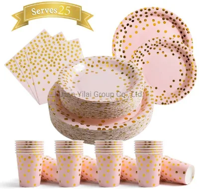 Наборы одноразовых бумажных салфеток — сувениры для вечеринок, розовые в золотой горошек, 25 обеденных тарелок, 25 десертных тарелок, 25 салфеток